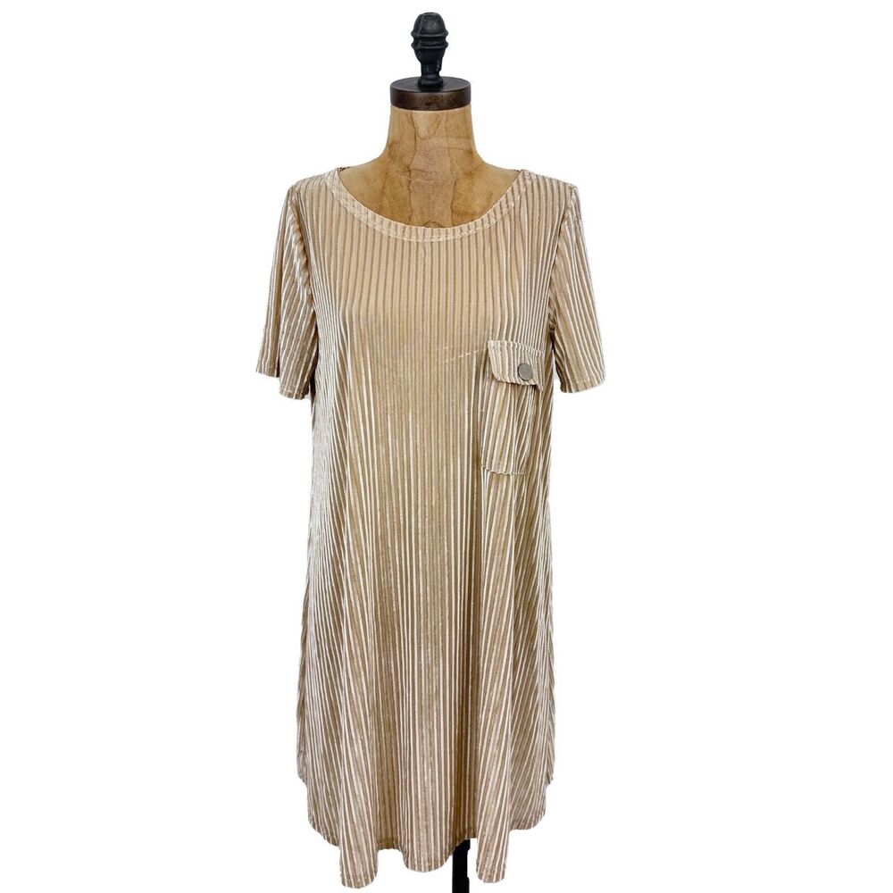 POL Velvet Ribbed Semi-Sheer T-Shirt Mini Dress S Beige Short Sleeve Pocket B9